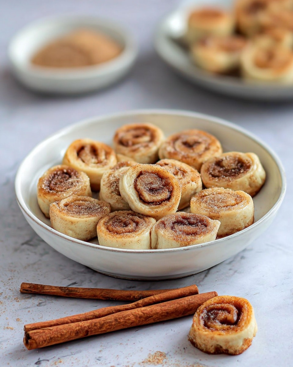 A white bowl filled with many small cinnamon rolls stacked in layers, each roll showing a golden brown spiral with a soft light dough outside, sprinkled lightly with sugar on top, placed on a white marbled surface. In the background, there is a blurred white bowl with a creamy beige sauce and a cinnamon stick lying on the surface. Photo taken with an iphone --ar 4:5 --v 7