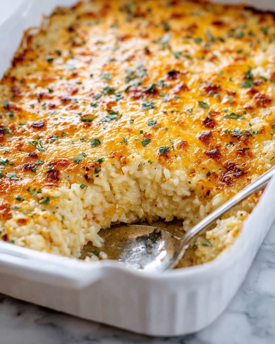 A close-up of a baked rice casserole in a white rectangular dish, showing one scoop removed from the corner, revealing two main layers: a creamy light beige rice base topped with a thick golden-brown melted cheese layer speckled with darker toasted spots and sprinkled green herbs. The casserole surface looks slightly bubbly and textured. A silver serving spoon rests inside the dish near the missing portion, on a white marbled surface. Photo taken with an iphone --ar 4:5 --v 7