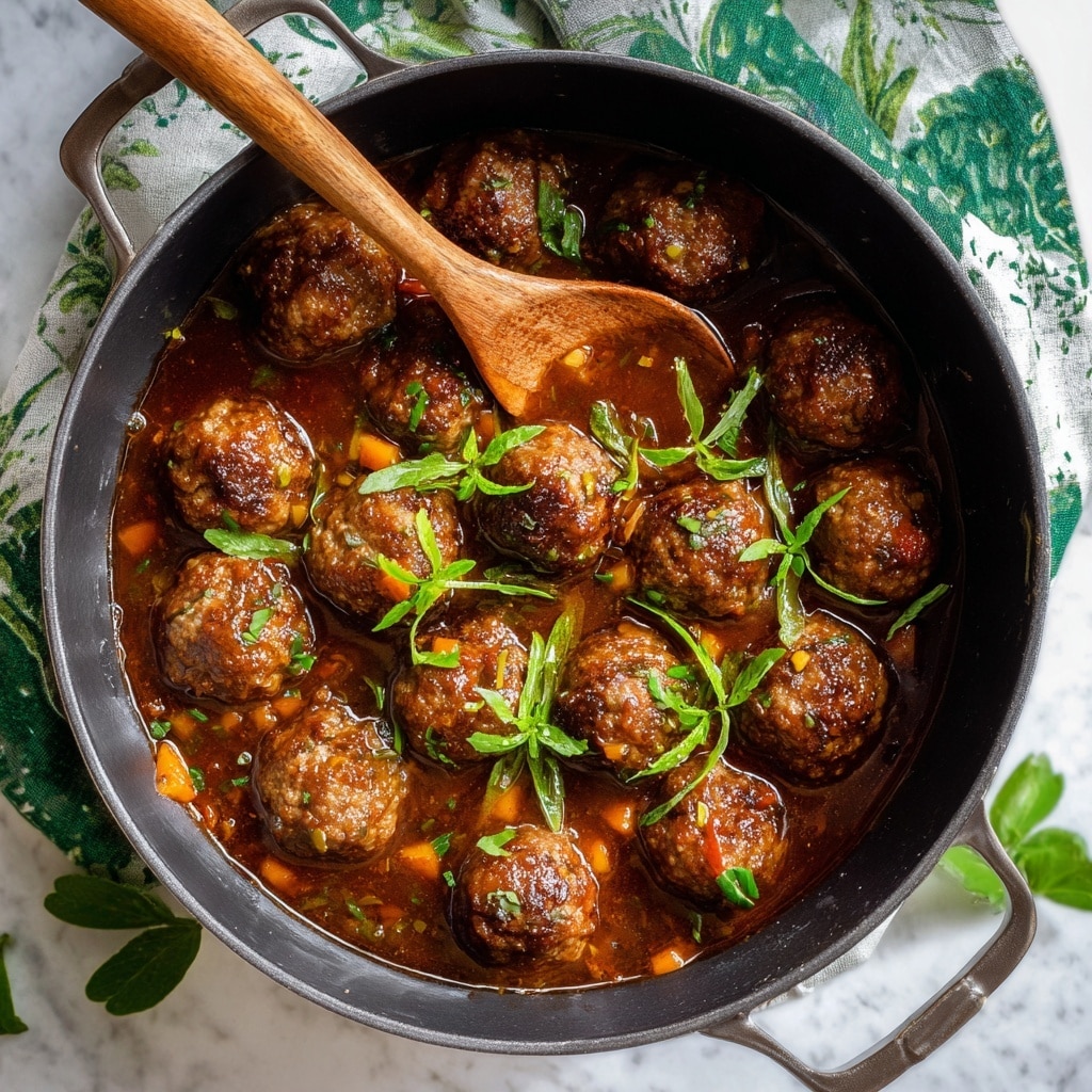 The image shows a round white bowl filled with a layered dish. The bottom layer is creamy, pale yellow soft mashed potatoes with a smooth texture. On top of that, several browned meatballs are placed evenly, each meatball having a crispy, slightly shiny surface with herbs visible inside. Around the meatballs, there are small chunks of cooked carrots and celery in a rich brown gravy, giving a warm and hearty look. Green parsley leaves and small sprigs of thyme are scattered on top as fresh garnishes. A silver spoon is placed inside the bowl at the back, and the bowl sits on a white marbled surface. photo taken with an iphone --ar 4:5 --v 7