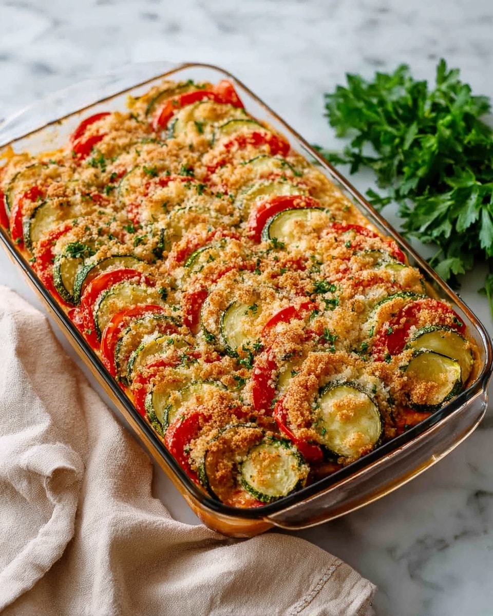 The dish is served in a white round bowl filled with multiple layers. The bottom layer is a bright golden-yellow sauce, topped with slices of green zucchini with some soft red pieces, likely tomato. Above this, there is a thick layer of browned ground meat mixed with melted cheese showing a textured, bubbly, and slightly crispy surface. Small green herb pieces are sprinkled on top, and a fresh rosemary sprig is placed centrally as garnish. The background shows a white marbled texture. photo taken with an iphone --ar 4:5 --v 7