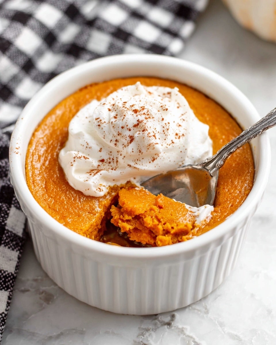 The image shows two white ramekins filled with a smooth, orange pumpkin dessert, each topped with a dollop of white whipped cream sprinkled with light brown spice powder. The pumpkin layer has a slightly cracked texture on top. The ramekins are placed on a white marbled surface with two ornate silver spoons nearby. There is a white cloth with black grid lines folded on the left side and a cinnamon stick near the top center. photo taken with an iphone --ar 4:5 --v 7
