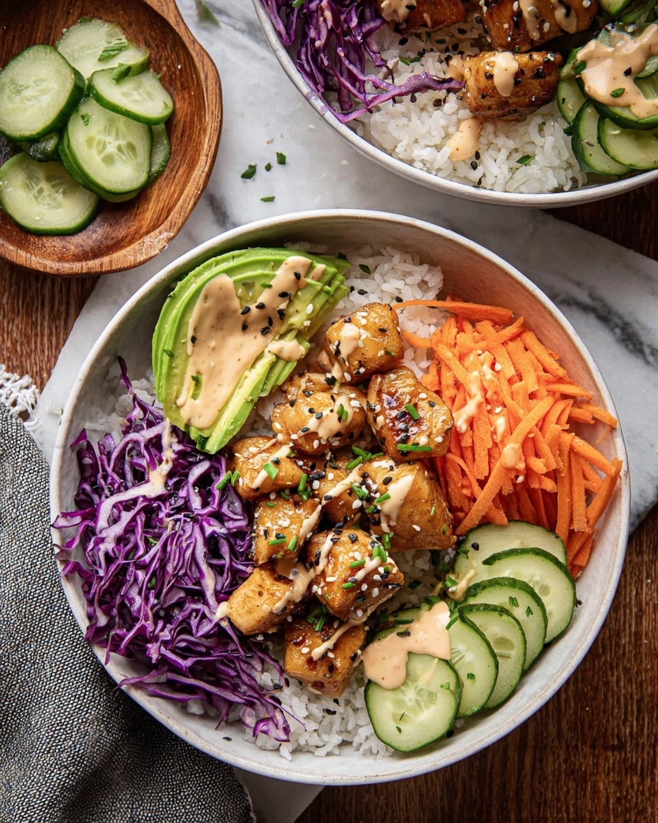 A white bowl with a base layer of white rice topped with fresh thin cucumber slices arranged along the side, bright purple shredded cabbage placed next to the cucumbers, and fresh thin shredded orange carrots piled beside the cabbage. On top of the rice, there are golden-brown glazed chicken chunks sprinkled with black and white sesame seeds and chopped herbs. On one side, soft green avocado slices fan out over the carrots. Light creamy sauce is drizzled over the avocado, carrots, chicken, and cabbage. The bowl sits on a white marbled surface, with small wooden bowls in the background. Photo taken with an iphone --ar 4:5 --v 7