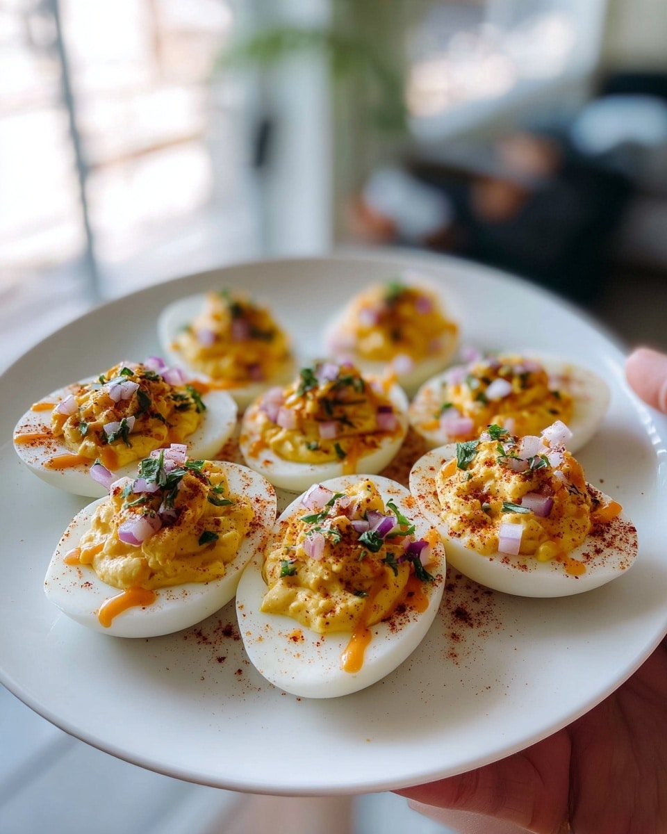 A white plate holds eight halved hard-boiled eggs arranged in a circular pattern, each topped with a creamy yellow yolk mixture. The yolk layer is chunky with a smooth, rich texture, sprinkled with small pieces of chopped purple onion and green herbs. A light dusting of reddish-brown paprika covers the tops, and a thin drizzle of orange sauce runs down some eggs. The plate is held by a woman's hand, and the background shows a softly blurred indoor scene with natural light. The whole scene sits on a white marbled texture. photo taken with an iphone --ar 4:5 --v 7