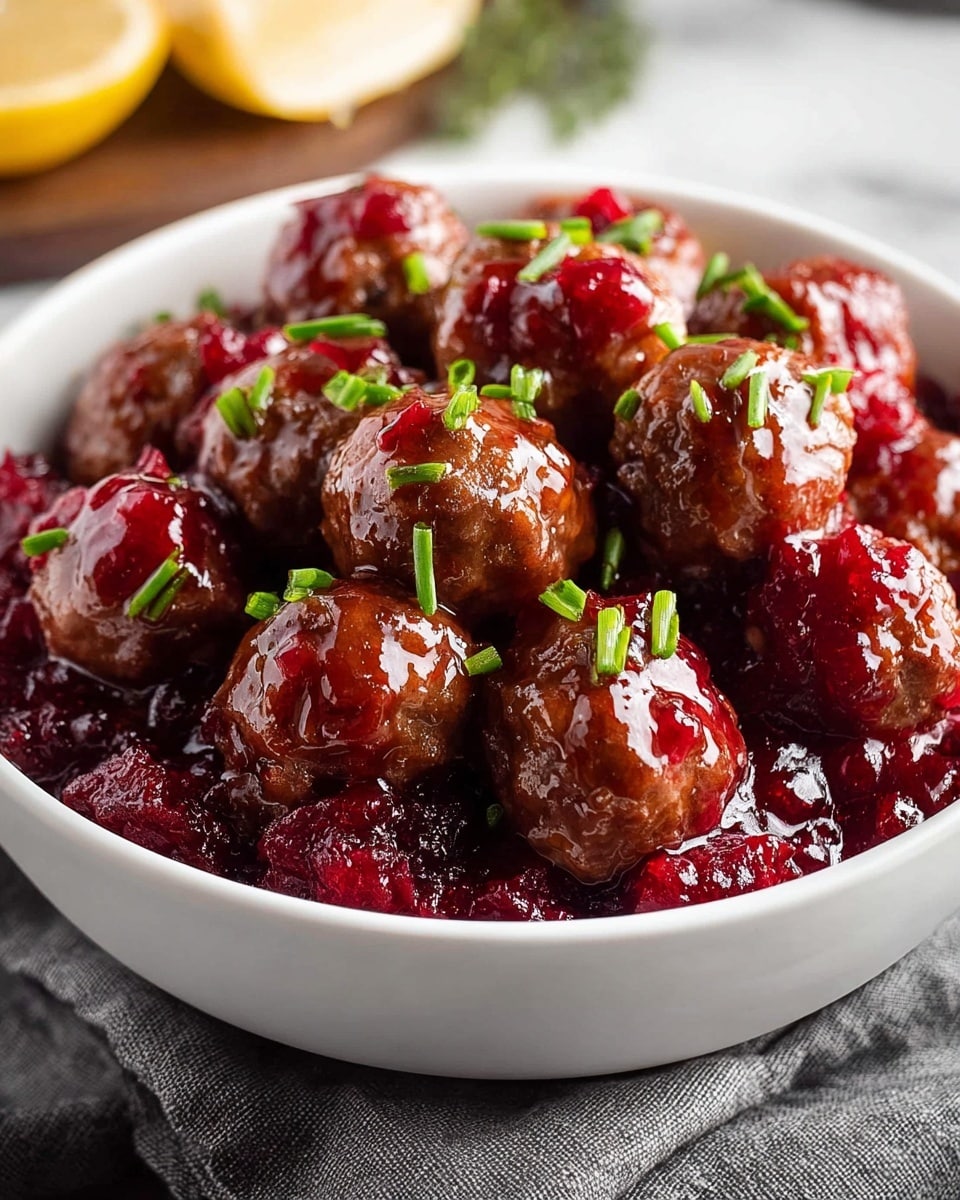 In a black cast iron skillet, there are round meatballs covered in a thick, shiny red sauce with small pieces of cranberries mixed throughout. The meatballs are arranged close together, filling the pan, and garnished lightly with small green parsley leaves scattered on top. A silver spoon rests on the right side inside the skillet. The skillet sits on a white marbled surface, and in the background, a bowl with more dark red cranberries is visible. Photo taken with an iphone --ar 4:5 --v 7