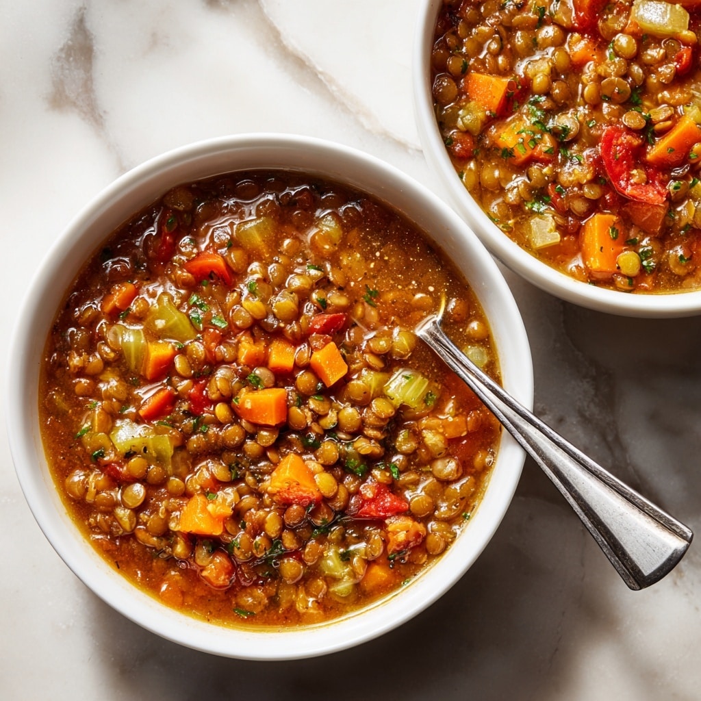 A close-up view of a white bowl filled with thick lentil soup showing visible layers of small, round, brown lentils mixed with diced orange carrots, bright red tomato pieces, green leafy bits, and pale green celery chunks, all in a light brown broth with a slightly glossy surface and small black pepper bits on top; the bowl sits on a white marbled texture surface, with a silver spoon partially visible on the top right edge. photo taken with an iphone --ar 4:5 --v 7
