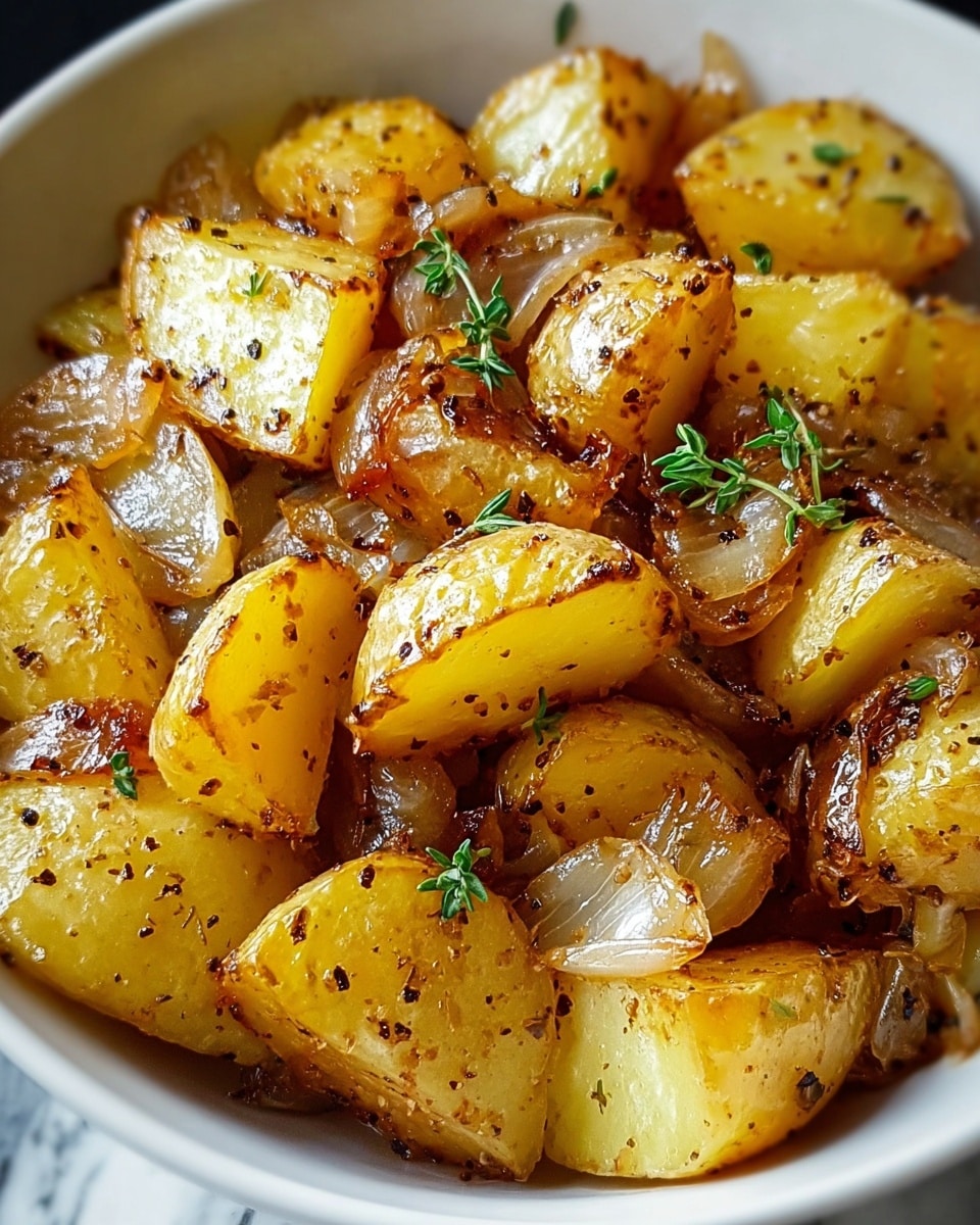 The image shows a close-up of golden-brown roasted potato pieces with crispy skins and soft interiors, mixed with tender, caramelized onion slices scattered evenly throughout. The potatoes are seasoned with black pepper and fresh thyme sprigs, adding a touch of green to the warm yellow and brown colors. The food is served in a white bowl with a slightly shiny texture, and the background is a white marbled surface. photo taken with an iphone --ar 4:5 --v 7