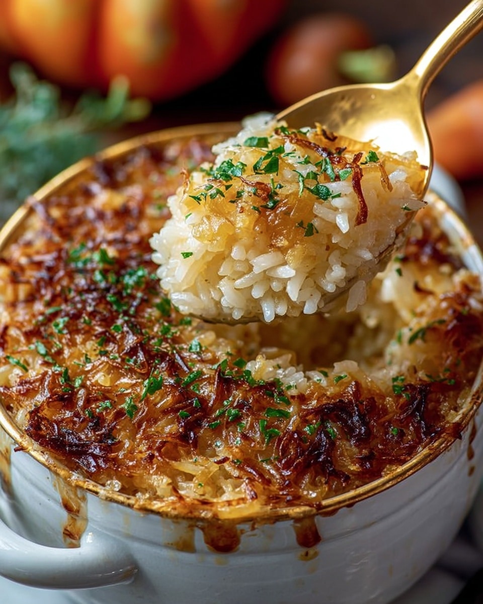 A close-up view of a white ceramic pot filled with baked rice that has a crispy golden-brown top layer mixed with browned bits and sprinkled with finely chopped green herbs. The rice beneath is soft and clear with a slightly shiny, moist texture, showing some caramelized onion pieces. A golden spoon lifts a generous scoop of the rice from the pot, revealing three visible layers: the crunchy browned top, a middle layer of soft, translucent rice, and the slightly wet bottom layer. The pot sits on a white marbled surface with blurred autumn-colored vegetables in the background, creating a warm and cozy feeling. Photo taken with an iphone --ar 4:5 --v 7
