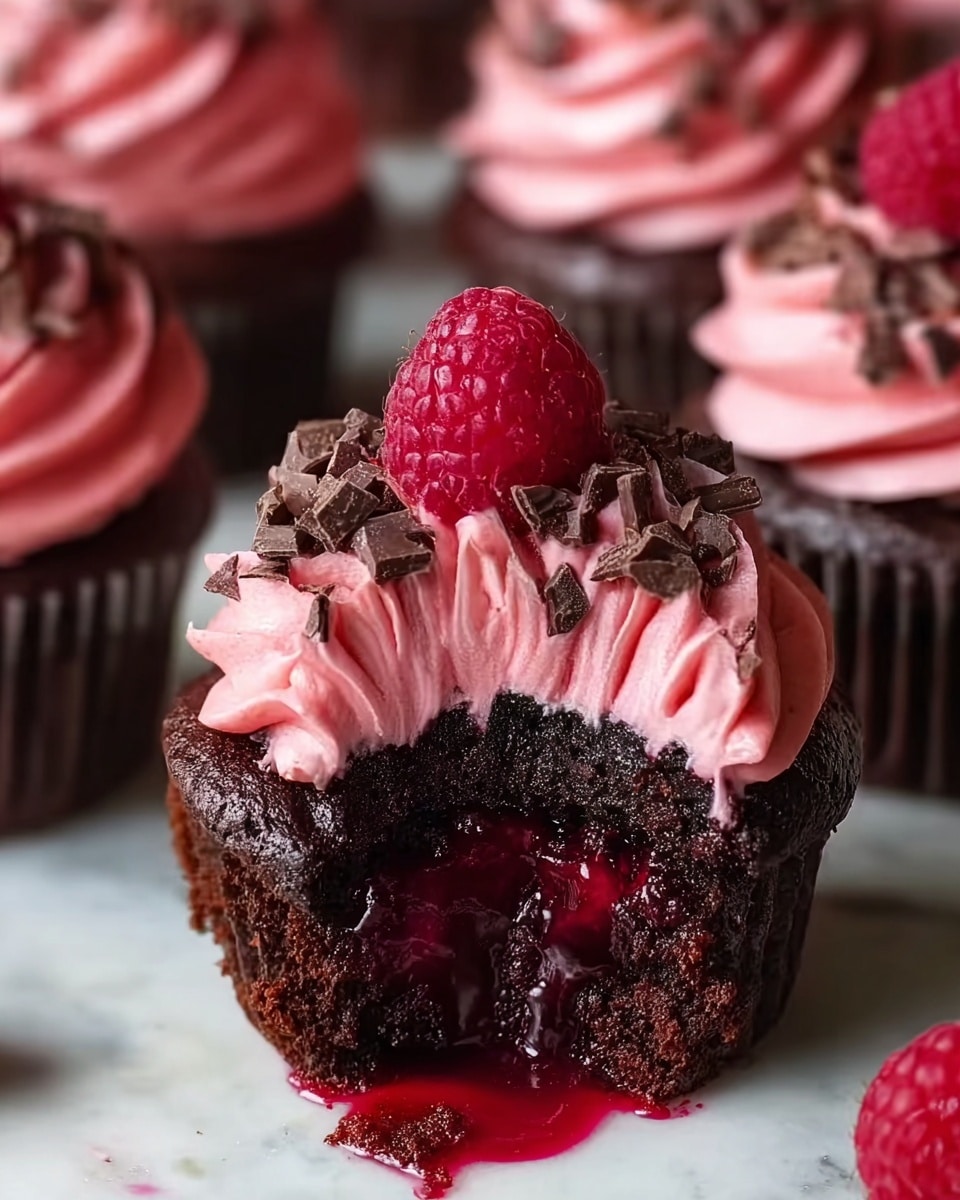 The image shows a close-up of a chocolate cupcake with three distinct layers. The bottom layer is a moist, dark chocolate cake, with a deep red liquid filling oozing out from the middle. On top is a thick, creamy swirl of bright pink frosting decorated with small pieces of dark chocolate sprinkled over it. A fresh red raspberry sits neatly on top of the frosting, adding a pop of color. Other similar cupcakes can be seen blurred in the background on a white marbled surface. photo taken with an iphone --ar 4:5 --v 7