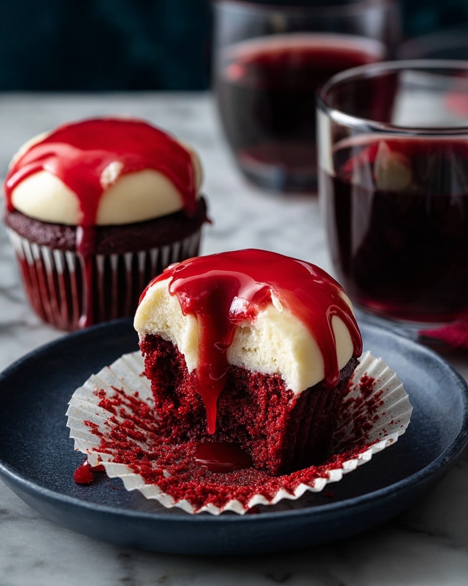 The image shows a red velvet cupcake with three visible layers. The bottom layer is dark red, moist cake visible from the cupcake liner beneath. The middle layer is a thick layer of creamy white frosting with a smooth texture on top of the cake. The top layer is a bright red glossy syrup that drips over the frosting onto the cupcake and plate. One cupcake is cut in half, showing the deep red interior and syrup inside it, pooling slightly on the white cupcake liner. Behind it, two whole cupcakes with the same layers are placed on a dark blue plate. A glass with dark red liquid is in the background, all placed on a white marbled surface. Photo taken with an iphone --ar 4:5 --v 7