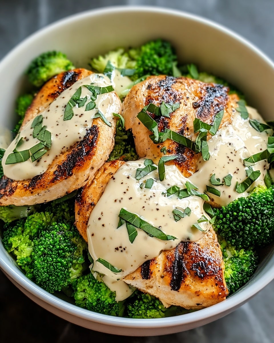 A white bowl filled with vibrant green broccoli florets on one side, topped with several pieces of grilled chicken breast that have dark char marks and a golden brown color. Over the chicken and broccoli, there is a creamy white sauce with herbs visible in it, drizzled unevenly. The bowl is placed on a white marbled surface. Photo taken with an iphone --ar 4:5 --v 7