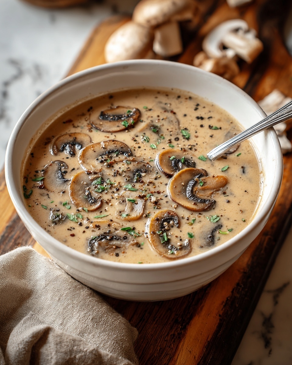 A white bowl filled with creamy mushroom soup, showing a smooth light beige base with small chunks of cooked mushrooms throughout. On top, there are several larger slices of brown mushrooms and bright green fresh parsley leaves scattered, adding texture and color contrast. The edges of the bowl are slightly speckled with a natural pattern. The bowl sits on a white marbled surface with a few sprigs of parsley nearby. Photo taken with an iphone --ar 4:5 --v 7