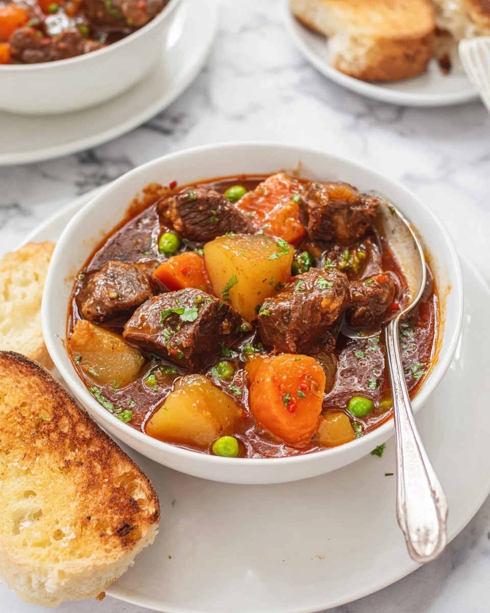 A thick stew sits in a white pot with blue handles, filled with visible chunks of dark brown meat, light tan potato halves, bright orange carrot pieces, and whole brown mushrooms, all mixed in a rich brown broth and topped with small green parsley bits. A wooden spoon rests inside the pot, partially submerged in the stew. In the background, fresh green parsley and whole carrots are slightly blurred on a white marbled surface. photo taken with an iphone --ar 4:5 --v 7