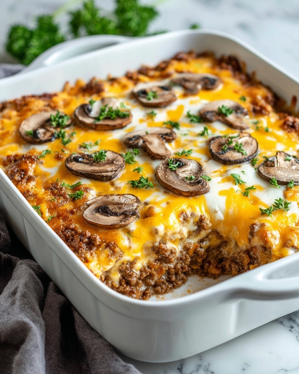A white rectangular casserole dish filled with a layered baked dish, showing three visible layers: the bottom layer is crumbled cooked ground beef, brown and textured; the middle layer is melted cheese, a mix of bright yellow and white that looks creamy and slightly gooey; the top layer is thin slices of browned mushrooms scattered evenly with small green parsley leaves sprinkled on top, adding a fresh touch. The dish sits on a white marbled surface with a gray cloth nearby. photo taken with an iphone --ar 4:5 --v 7