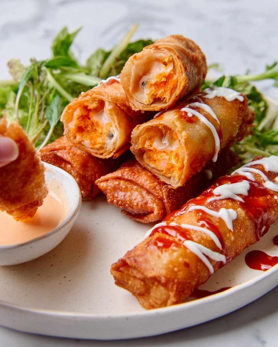A white plate on a white marbled surface holds several crispy golden-brown fried spring rolls stacked in two layers. The top layer has three pieces, two of which are cut open to show bright orange filling inside. The bottom layer holds more whole spring rolls with shiny red sauce and white sauce drizzled on top. On one side of the plate, there are fresh green leafy vegetables adding a splash of color. In the lower left corner, a woman's hand is dipping a crispy piece into a small white bowl filled with light orange dipping sauce. Photo taken with an iphone --ar 4:5 --v 7