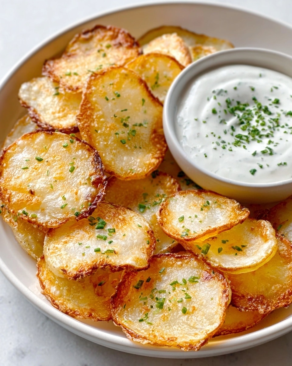 A white plate filled with multiple thin, round potato slices that are golden brown with slightly crispy edges and some small green herb sprinkles on top, sitting next to a small white bowl full of thick, white cream sauce garnished with finely chopped green herbs. Both the plate and bowl rest on a white marbled surface. The lighting highlights the crisp texture of the potato slices and the smooth creaminess of the dip. photo taken with an iphone --ar 4:5 --v 7