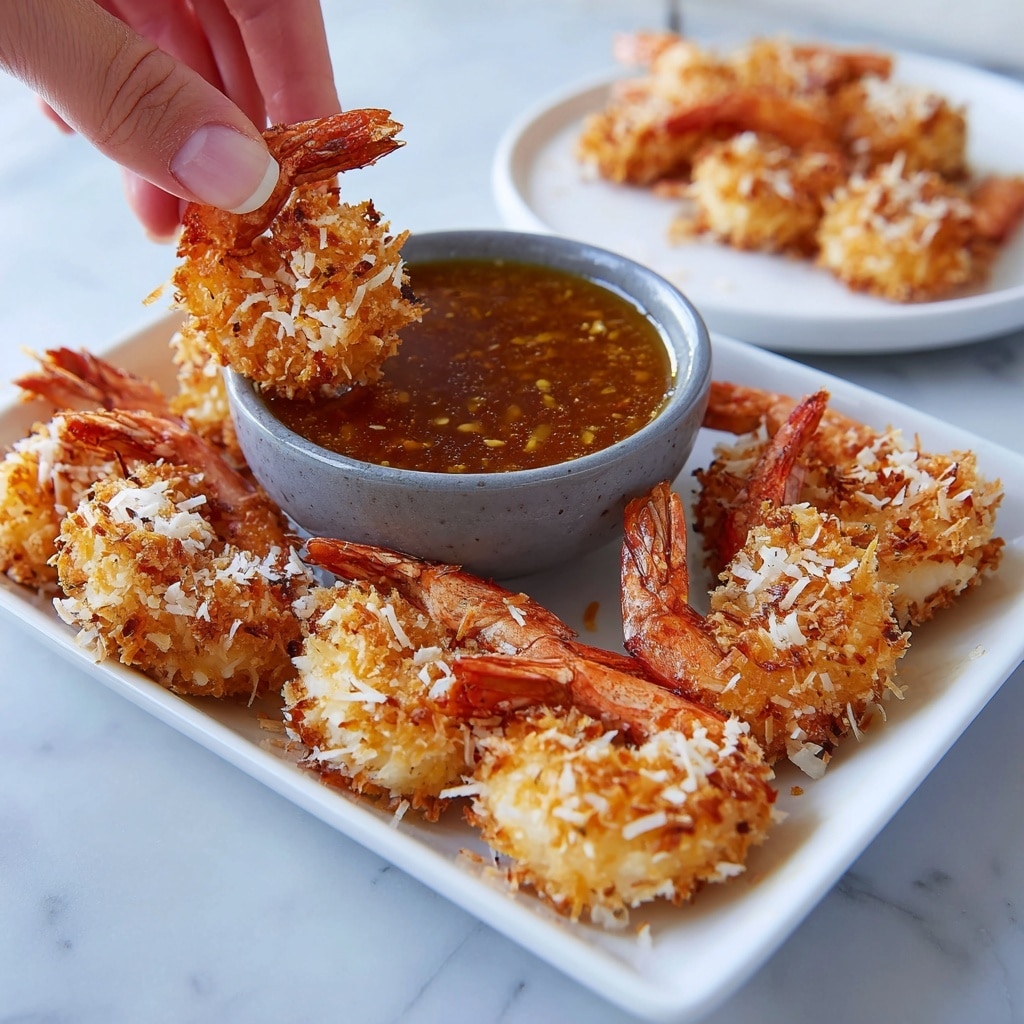 A white plate on a white marbled surface holds a pile of golden-brown coconut shrimp with crispy, textured breading and bright orange tails. The shrimp are sprinkled with small pieces of fresh green herbs for color. To the side on the same plate is a small white bowl filled with a smooth pinkish-orange dipping sauce. The shrimp are arranged in a loose circle around the bowl, showing off their crunchy coating and juicy tails. photo taken with an iphone --ar 4:5 --v 7