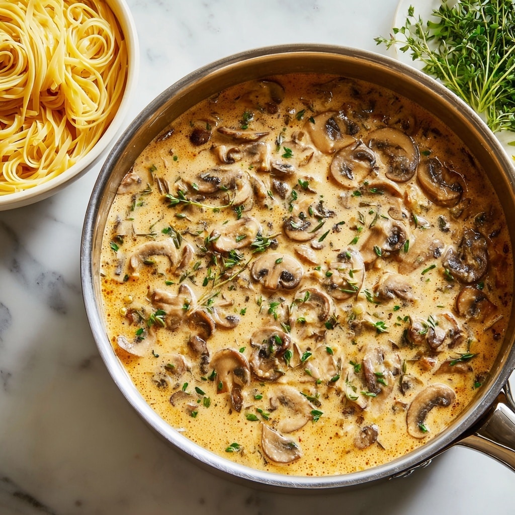 A white bowl filled with creamy mushroom soup showing sliced brown mushrooms, orange carrot strips, and green herbs floating in the thick beige broth; a chunk of crusty bread rests on the left side of the bowl, while a silver spoon is placed on the right inside the soup; a small bunch of fresh green pea shoots adds a fresh touch on top, all set on a white marbled surface with some green herbs scattered around and a white bowl filled with pea shoots partly visible in the upper right; photo taken with an iphone --ar 4:5 --v 7