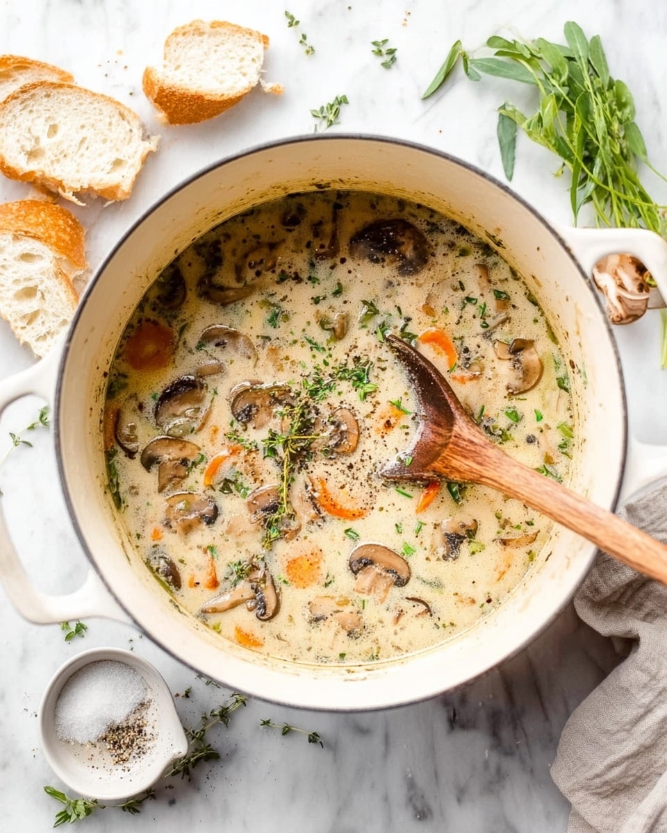 A close-up view of a silver pan filled with a creamy ground beef and mushroom sauce. The dish has a rich, light brown creamy layer mixed with crumbled ground beef and sliced mushrooms scattered across the surface. The sauce is dotted with small green herb pieces, adding color and texture. In the background, a white bowl holds uncooked short pasta, and fresh green herbs peek in from the top right corner, all set on a white marbled surface. photo taken with an iphone --ar 4:5 --v 7
