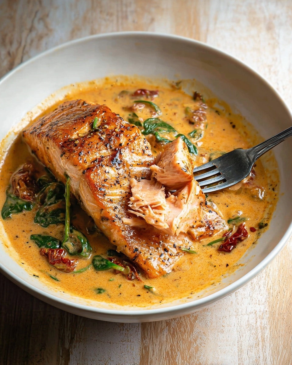 The image shows four thick, orange salmon fillets placed evenly in a shallow pan, each piece speckled with black pepper and herbs. The fillets are partially covered with a smooth, light cream sauce that has visible small pieces of red sun-dried tomatoes scattered throughout. Fresh green chopped herbs are sprinkled lightly on top, adding small pops of color. The creamy sauce fills the pan, surrounding the salmon with rich texture and a glossy finish. The whole dish is set on a white marbled surface, enhancing the colors of the food. Photo taken with an iphone --ar 4:5 --v 7