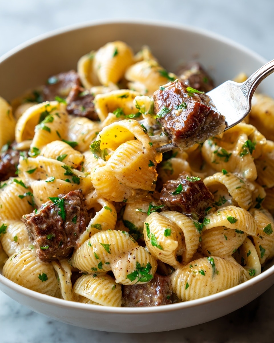 The image shows a large white plate on a white marbled surface filled with two main layers of food. On one side, there are many golden-brown gnocchi pasta pieces with a slightly shiny, smooth texture, topped with small green herb sprinkles. On the other side, there are multiple small pieces of cooked beef with a dark brown, slightly crispy outer layer, also garnished with green herbs scattered evenly on top. The food looks well-cooked and arranged closely together on the plate. photo taken with an iphone --ar 4:5 --v 7