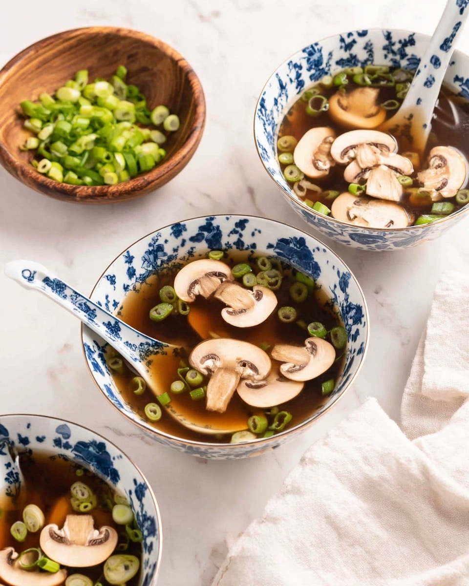 The image shows three white bowls with blue floral patterns filled with clear broth soup, topped with several slices of light brown mushrooms and scattered green onion pieces. Each bowl contains a white spoon with blue designs resting inside, some holding mushroom slices and green onions. Nearby, there is a wooden bowl filled with extra chopped green onions on a white marbled surface. A white cloth napkin is partially visible in the bottom right corner. photo taken with an iphone --ar 4:5 --v 7