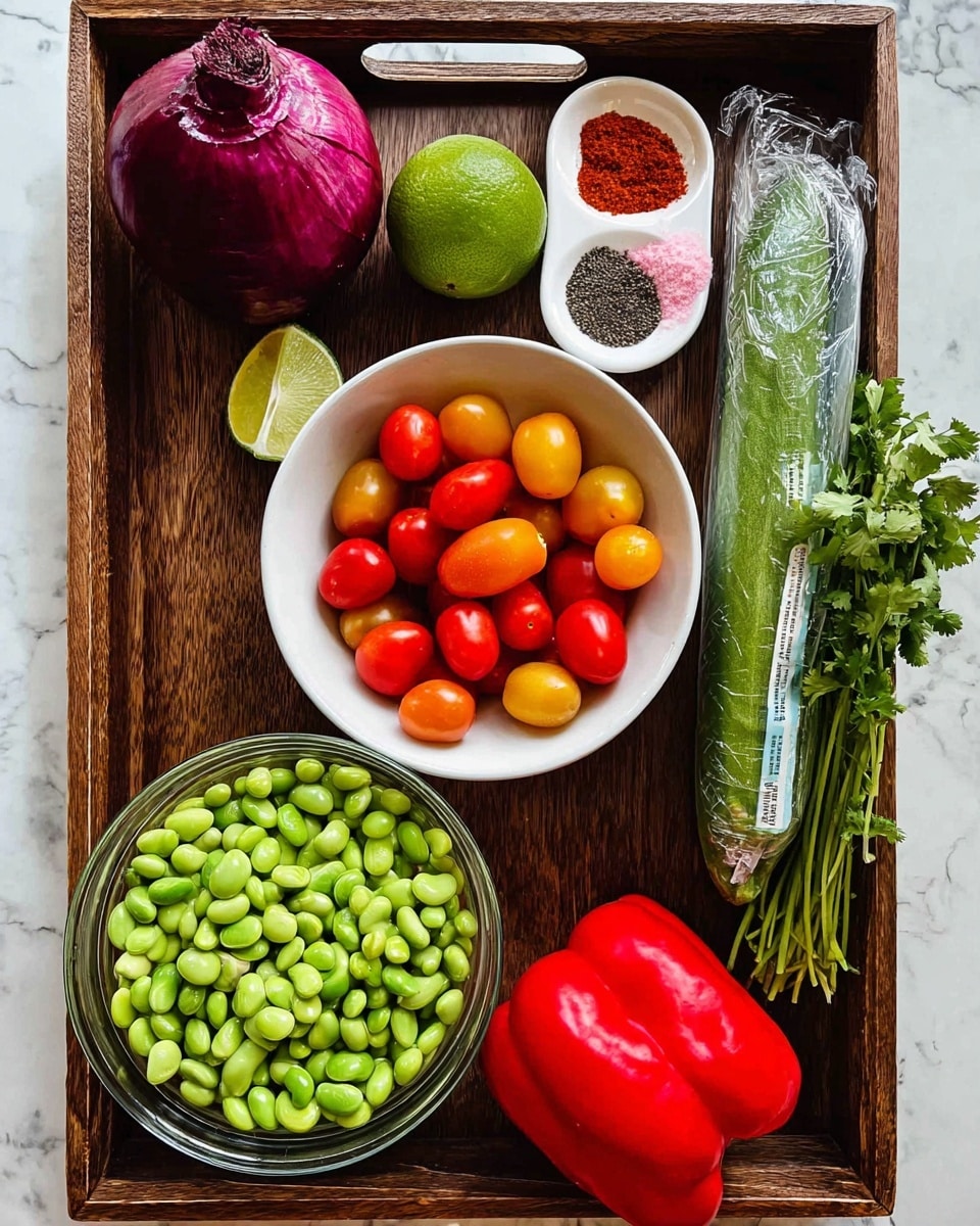 A wooden bowl is filled with a colorful salad made of chopped cucumbers in light green, halved cherry tomatoes in red and yellow, diced red bell peppers, green edamame beans, finely chopped purple onions, and fresh green herbs sprinkled on top for garnish. The bowl is placed on a dark surface with two gold forks lying beside it and a small sprig of herbs nearby. photo taken with an iphone --ar 4:5 --v 7