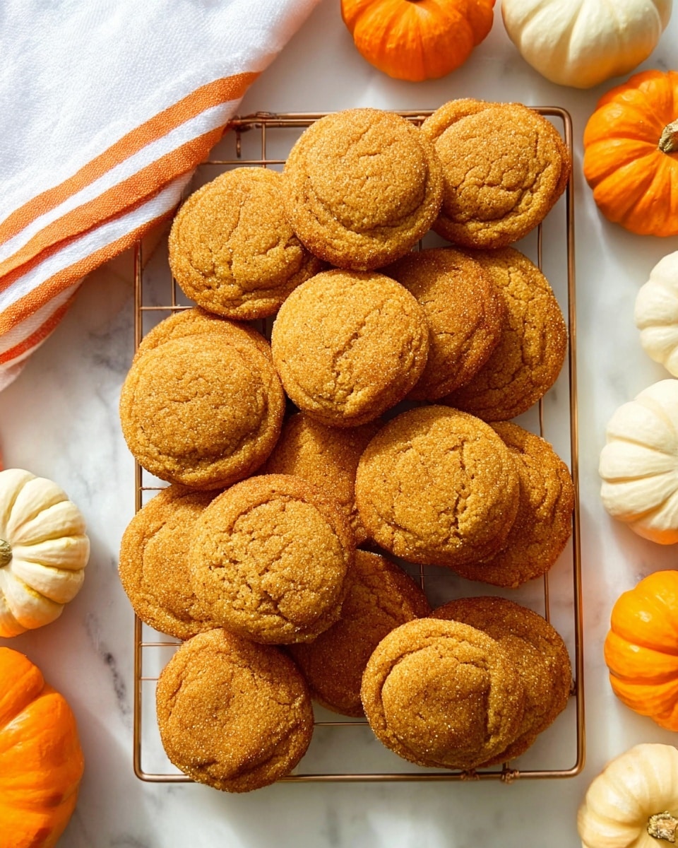 A cooling rack filled with golden-brown round cookies, each with a cracked, slightly rough texture on top, arranged closely together. The cookies have a warm, cinnamon-like color and look soft yet slightly crisp. The rack is placed on a white marbled surface with small decorative orange and white mini pumpkins around it. A white cloth with orange edges is partially visible in the top-left corner. The scene is bright and warm, suggesting a cozy autumn setting. photo taken with an iphone --ar 4:5 --v 7