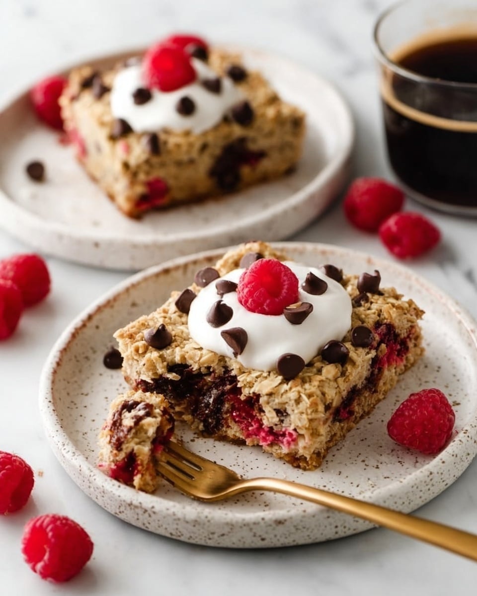Two square oatmeal bars with visible chocolate chips and raspberries are placed on white speckled plates on a white marbled surface. Each oatmeal bar has a crumbly golden-brown texture with red raspberries and dark chocolate chips spread throughout. On top of each bar is a dollop of white cream with several chocolate chips and a single bright red raspberry as garnish. Extra raspberries are scattered around the plates. A gold fork holds a bite from the front oatmeal bar, showing the moist inside filled with oats, chocolate, and raspberry bits. Nearby, there is a glass of dark coffee. The photo taken with an iphone --ar 4:5 --v 7