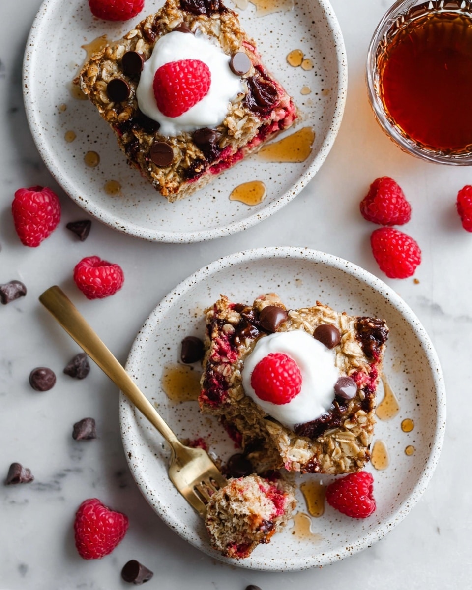 The image shows two white speckled plates, each with a square slice of baked oatmeal topped with a dollop of white yogurt, a fresh red raspberry, and several dark chocolate chips. The baked oatmeal square is textured with visible oats and scattered raspberries inside, creating a mix of light brown and red colors. One plate holds a gold fork breaking a piece of the oatmeal, revealing the soft, moist inside with oats and raspberries. Around the plates are a few loose raspberries and chocolate chips, with drops of syrup on the white marbled surface. There is a glass of dark amber-colored syrup partially visible beside the top plate. photo taken with an iphone --ar 4:5 --v 7