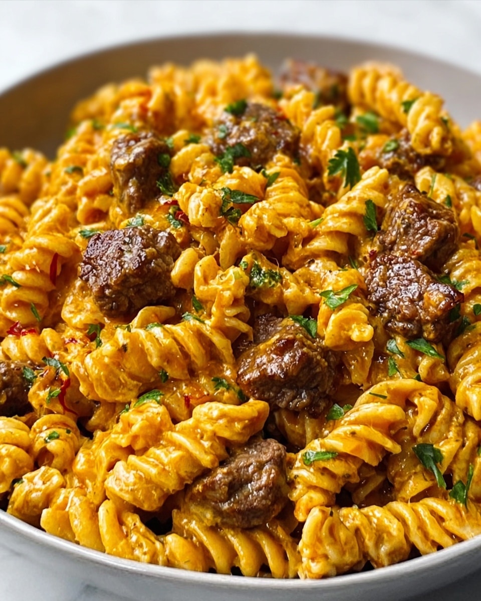 The image shows a white bowl filled with rotini pasta coated in creamy cheese sauce, giving a bright yellow-orange color. Scattered on top are pieces of browned beef, each piece textured and juicy with a seared look. Small bits of green herbs, likely parsley, are sprinkled evenly across the dish, adding a fresh contrast. The pasta spirals are tightly packed and glisten with sauce, and the beef pieces sit prominently on the pasta layers beneath. The white marbled surface underneath the bowl adds a clean, simple background that highlights the rich colors of the food. Photo taken with an iphone --ar 4:5 --v 7