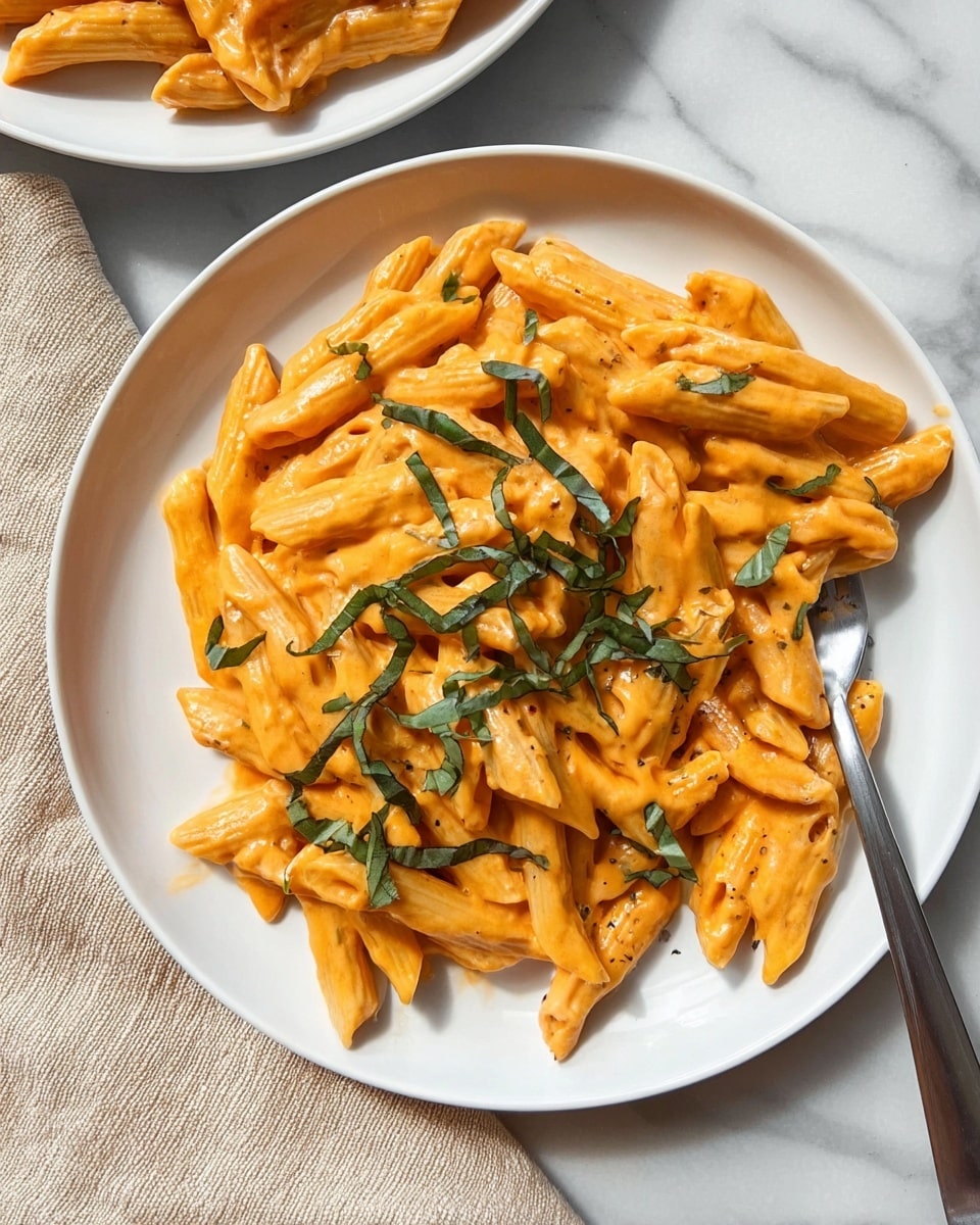 A white round plate filled with about two layers of penne pasta coated in a smooth, creamy orange sauce, with the pasta pieces closely packed and slightly shiny. On top, there are thin strips of dark green fresh basil leaves scattered unevenly. A silver fork rests on the right edge of the plate, partially on the pasta. The plate sits on a white marbled surface, and a light beige textured cloth is slightly visible on the left side. In the top left corner, part of another similar white plate with the same pasta is visible, slightly out of focus. photo taken with an iphone --ar 4:5 --v 7