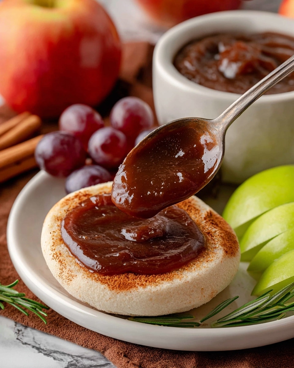A close-up image shows a toasted, light brown English muffin split in half on a white plate. The top half is taking a thin, smooth layer of dark brown apple butter from a shiny silver spoon, creating a glossy texture on the toasted surface. Behind the muffin are fresh green apple slices and deep red grapes, adding pop colors to the plate. In the background, a white bowl filled with more apple butter and a red apple are visible, all set on a white marbled surface with cinnamon sticks and fresh green rosemary sprigs placed nearby. photo taken with an iphone --ar 4:5 --v 7