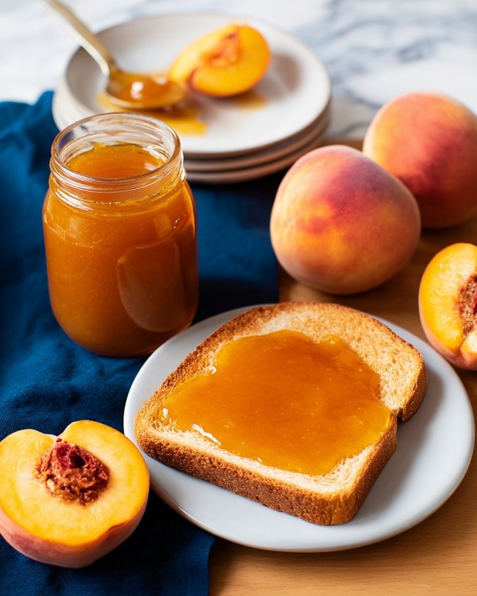 A clear glass jar filled with thick, golden-orange peach jam with small bits of fruit visible inside, sitting on a white marbled surface. In front of the jar is a metal lid resting upside down with a spoon inside, holding some of the jam showing its smooth, slightly chunky texture. Behind the jar, two whole ripe peaches with fuzzy skin and warm orange-red colors rest softly blurred. The background is bright with a white marbled texture. photo taken with an iphone --ar 4:5 --v 7