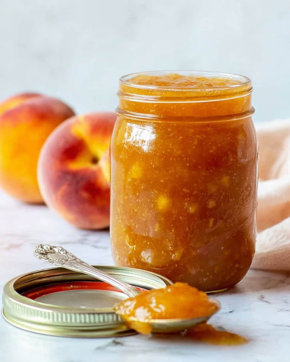 A slice of golden-brown toasted bread is placed on a white plate, topped with a smooth layer of bright orange peach jam spreading evenly across the surface. Next to the plate, a clear glass jar filled with the same orange peach jam stands upright, showing the thick, glossy texture inside. Surrounding the jar are three whole peaches with soft, fuzzy skin in shades of yellow and pink, and one peach cut in half, revealing its deep reddish-brown pit and juicy, pale yellow flesh. A knife with some jam on it lies in the background on a white plate, all set on a white marbled textured surface with a dark blue cloth partially visible at the edge. Photo taken with an iphone --ar 4:5 --v 7