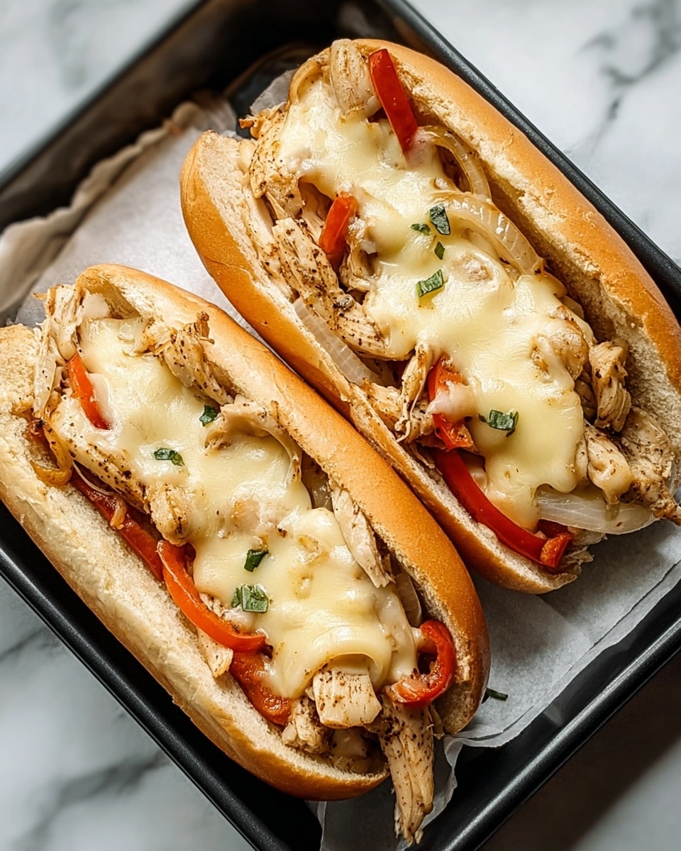 This image shows three soft, toasted hot dog buns filled with layers of cooked chicken strips, vibrant slices of red and green bell peppers, and melted cheese that appears slightly browned. The chicken pieces look juicy and well-cooked, scattered generously throughout each bun. The peppers add bright pops of color, with a mix of red and green shades, giving a fresh and tasty look. The buns are lightly browned, looking soft yet sturdy enough to hold the filling. All the hot dogs are placed side by side in a white bowl on a white marbled surface with a white and red striped cloth partially visible. Photo taken with an iphone --ar 4:5 --v 7