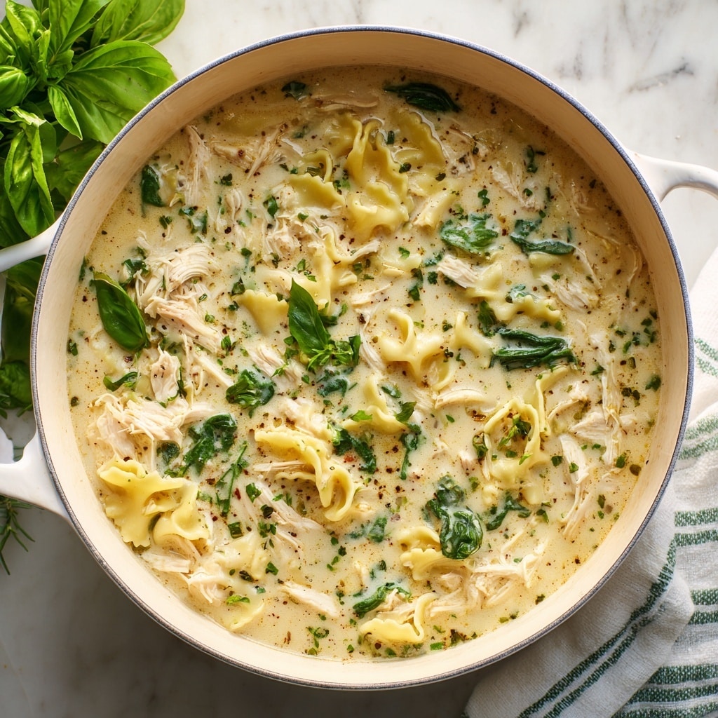 A white bowl filled with creamy chicken soup, showing three main layers: at the bottom, there is a thick creamy light yellow broth with visible herbs mixed in; in the middle, there are soft, curly yellow pasta pieces and shredded white chicken chunks; on top, fresh green spinach leaves and chopped parsley are scattered along with small red tomato bits, and a light sprinkle of grated white cheese. The bowl is placed on a white marbled surface, with fresh parsley and slices of bread nearby. Photo taken with an iphone --ar 4:5 --v 7
