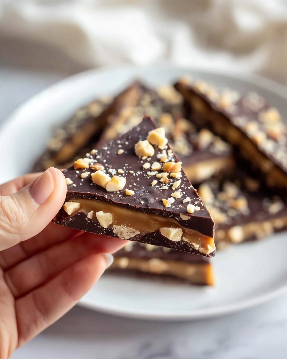 A white plate holds many irregular square pieces of chocolate bark stacked unevenly. Each piece has two visible layers: a smooth, dark chocolate top sprinkled with small, chopped pale peanut pieces, and a lighter brown layer underneath that looks like caramel or peanut butter showing through the broken edges. The plate is set on a white marbled surface with a beige cloth softly folded in the background. photo taken with an iphone --ar 4:5 --v 7
