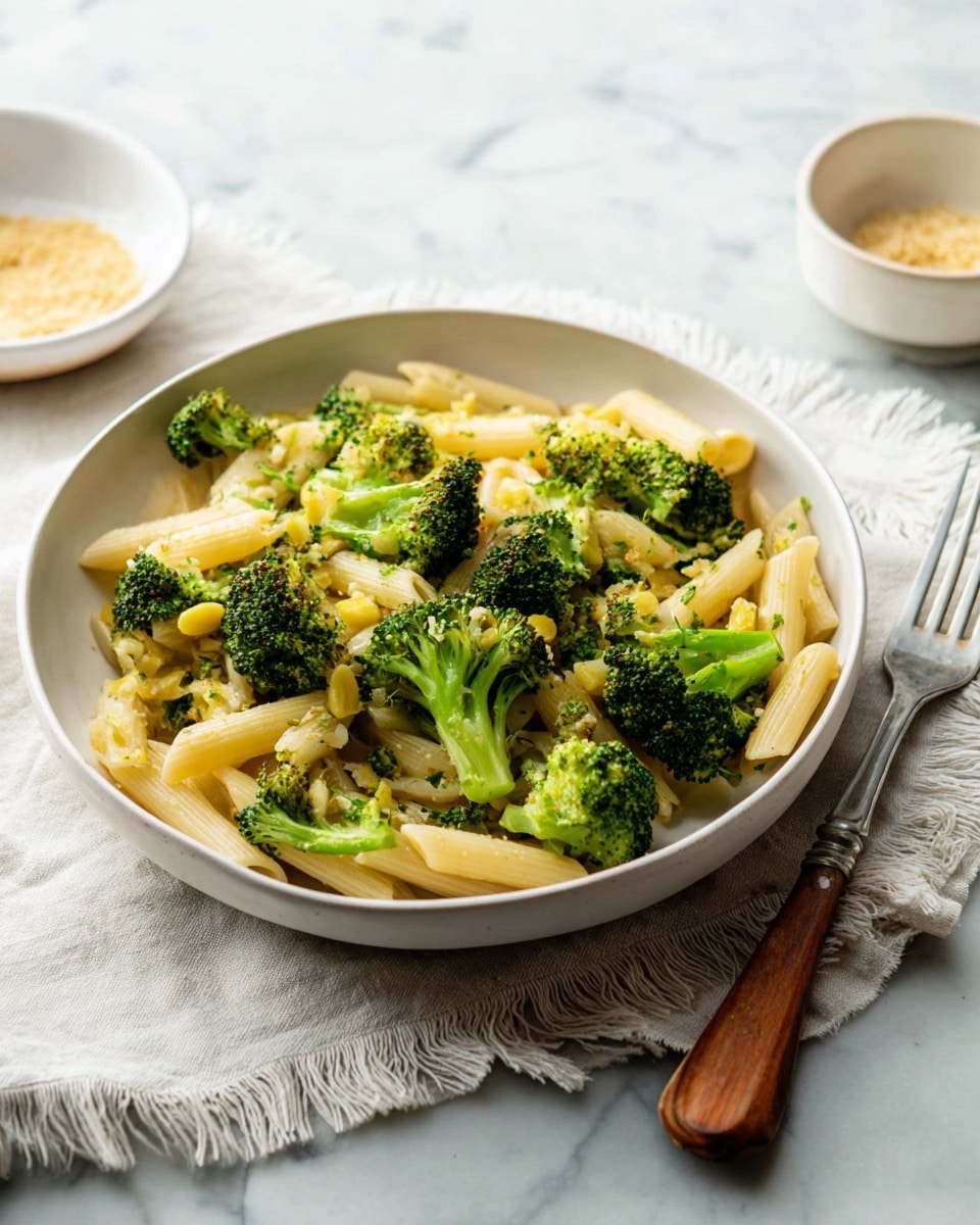 A bowl of pasta with broccoli pieces is shown. The pasta is light yellow and tube-shaped, mixed evenly with bright green broccoli florets that have a slightly charred texture. A few small bits of herbs or garlic are scattered in the dish. The bowl is white, shallow, and wide, placed on a fringed white cloth. Next to the bowl is a silver fork with a wooden handle resting on the cloth, and in the background there is a small white bowl with a grated or crumbled topping. The setting is on a white marbled surface. photo taken with an iphone --ar 4:5 --v 7