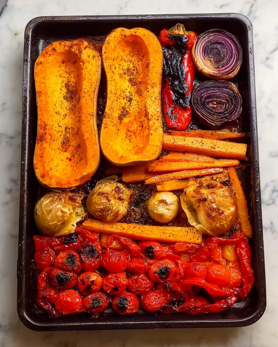A black baking tray holds a colorful roasted vegetable mix set on a white marbled texture. Two thick orange butternut squash halves with seasoning and a roasted red onion ring on each lie in the top right, alongside two large, dark red roasted peppers with black char marks on the left. Below the squash are whole, golden-brown roasted garlic bulbs, and next to them, several long, soft, orange roasted carrots. The bottom half of the tray is filled with a mix of small roasted tomatoes and red cherry tomatoes, some with blackened spots. The veggies are laid out in neat sections, showing a variety of charred and softened textures. Photo taken with an iphone --ar 4:5 --v 7