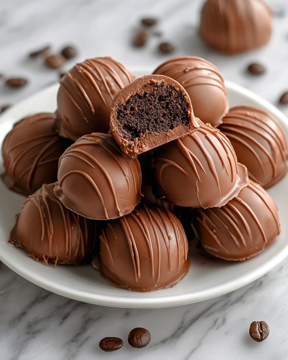 A white plate holds a pile of round chocolate truffles, each covered in smooth milk chocolate with thin, drizzled lines of slightly lighter milk chocolate on top, adding texture. One truffle is cut in half and placed on top of the pile, showing two inner layers: a thick, dense-looking bottom layer of milk chocolate and a crumbly, dark brown chocolate center above it. The plate rests on a white marbled surface, and a few coffee beans are scattered around the truffles, adding small dark brown accents. photo taken with an iphone --ar 4:5 --v 7