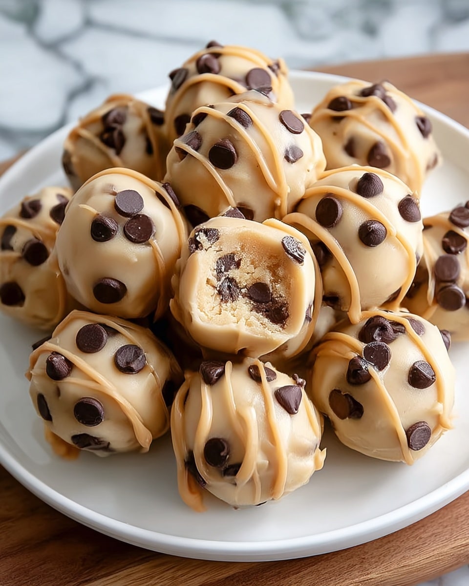 A white plate holds about ten round cookie dough balls. Each ball is creamy beige in color with a smooth, thick drizzled layer of light brown caramel or peanut butter coating on the outside. Dark brown chocolate chips are scattered on and embedded in each ball, providing a contrast in color and texture. The cookie dough inside has a slightly crumbly texture visible in small bite marks on some balls. The plate sits on a wooden surface with a softly blurred white marbled texture background. photo taken with an iphone --ar 4:5 --v 7