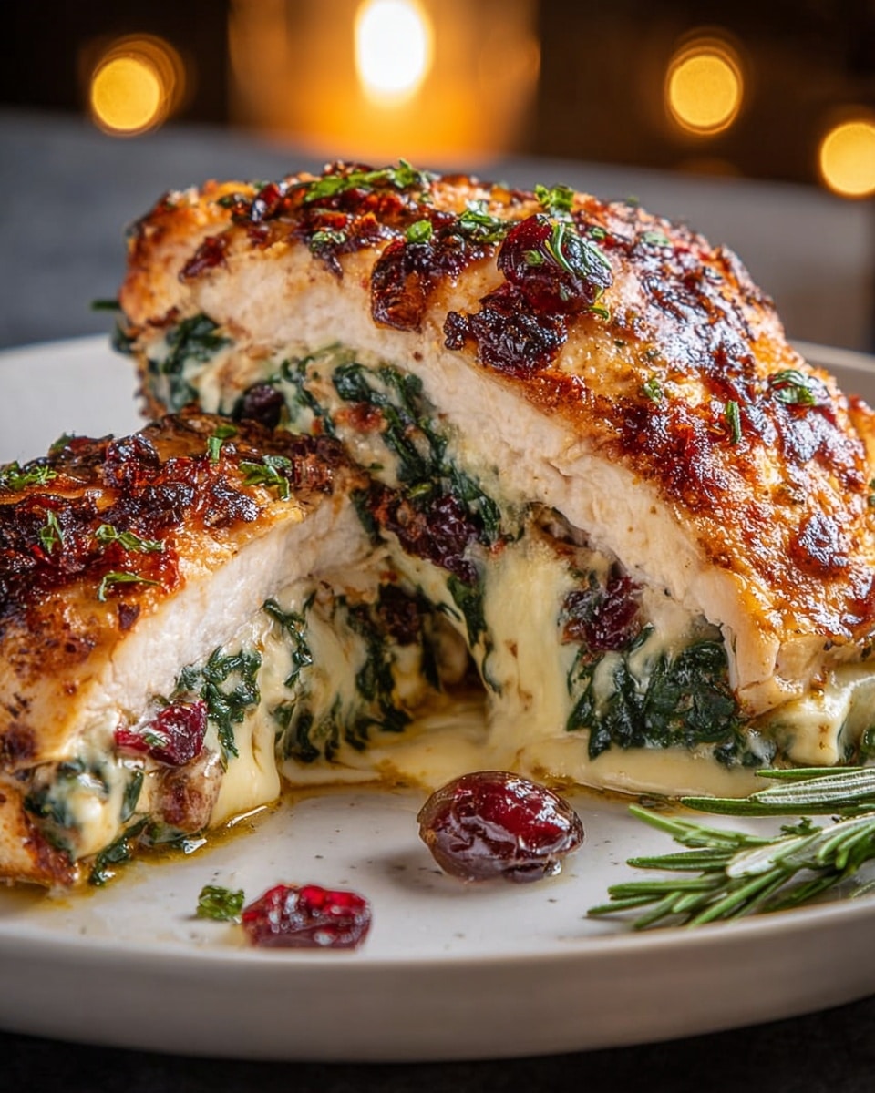 This image shows two cooked stuffed chicken breasts in a dark skillet. Each chicken breast is golden brown on the outside and sliced open to reveal a filling of melted light yellow cheese and dark green sautéed spinach inside. The chicken is topped with shiny, deep red dried cranberries and small green herb pieces, with some more cranberries and herbs scattered around the skillet. The lighting highlights the juicy texture of the chicken and the glossiness of the toppings. photo taken with an iphone --ar 4:5 --v 7