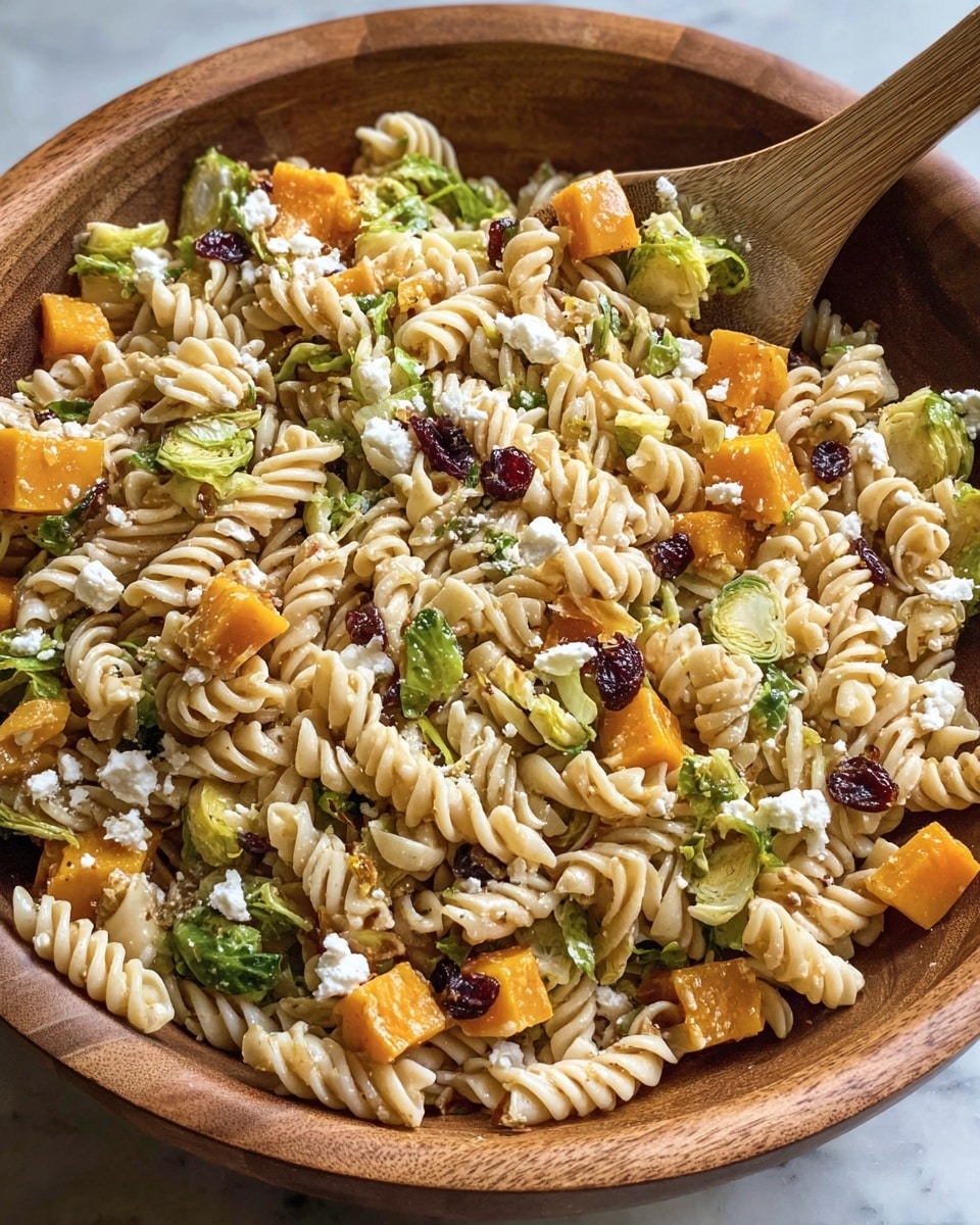 The image shows several clear glass bowls with different ingredients arranged neatly on a white marbled surface. In the center, there is a large bowl filled with twisted yellow pasta. To its right, a medium bowl contains bright orange diced butternut squash. Above the pasta, a bowl holds fresh green Brussels sprout leaves, and to the right of that, another bowl has small red and white apple pieces. Above and to the left of the pasta bowl, there is a clear measuring cup with a dark brown liquid dressing. Below the pasta, a small bowl contains white crumbled cheese, while next to it are two small bowls with salt and pepper. A very small bowl of olive oil and small sprigs of fresh herbs are placed near the center bottom. All items are clear glass on a white marbled surface. Photo taken with an iphone --ar 4:5 --v 7