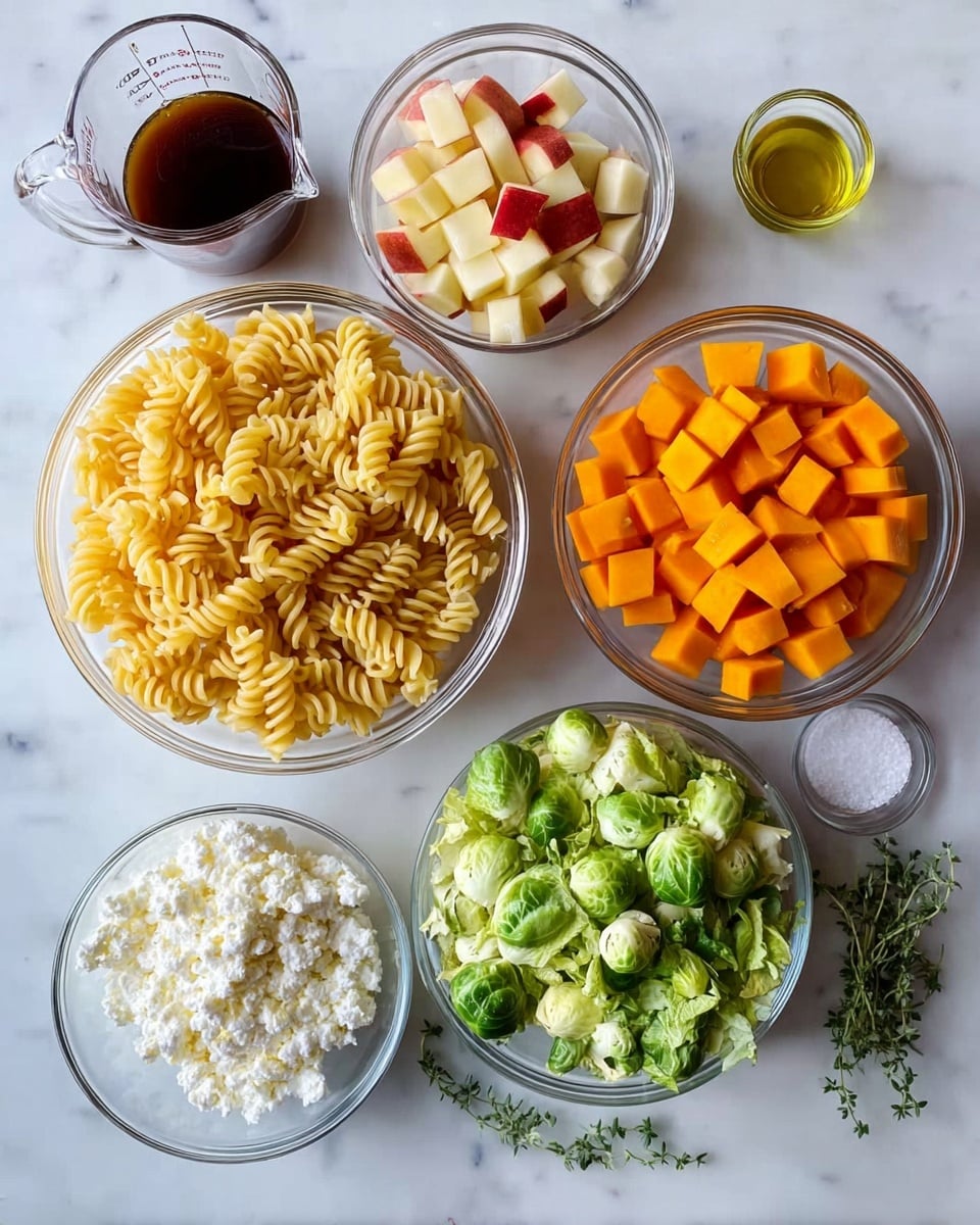 A wooden bowl filled with a pasta salad showing about four main layers: at the bottom, pale beige rotini pasta spirals; mixed throughout are small cubes of bright orange butternut squash, green Brussels sprouts leaves, and small bits of pale yellow potato. Scattered on top are small white crumbles of cheese and some dark red dried cranberries, adding contrast. A wooden spoon rests inside the bowl, partially visible at the edge. The whole scene is on a white marbled surface. photo taken with an iphone --ar 4:5 --v 7