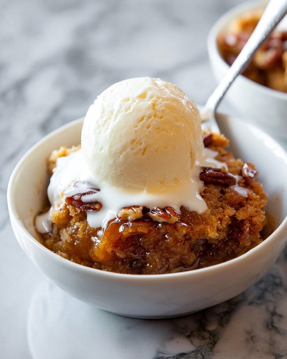 The image shows a white rectangular casserole dish containing a two-layer dessert. The top layer is a golden brown baked crust with a slightly cracked surface and pecan halves embedded, adding texture and a deeper brown color. The bottom layer is a thick, glossy caramel-like sauce with a rich amber hue, partially visible due to a section taken out from the corner. A spoon with a silver handle is resting inside the dish, scooping some of the bottom layer. The dish is set on a white marbled surface. photo taken with an iphone --ar 4:5 --v 7