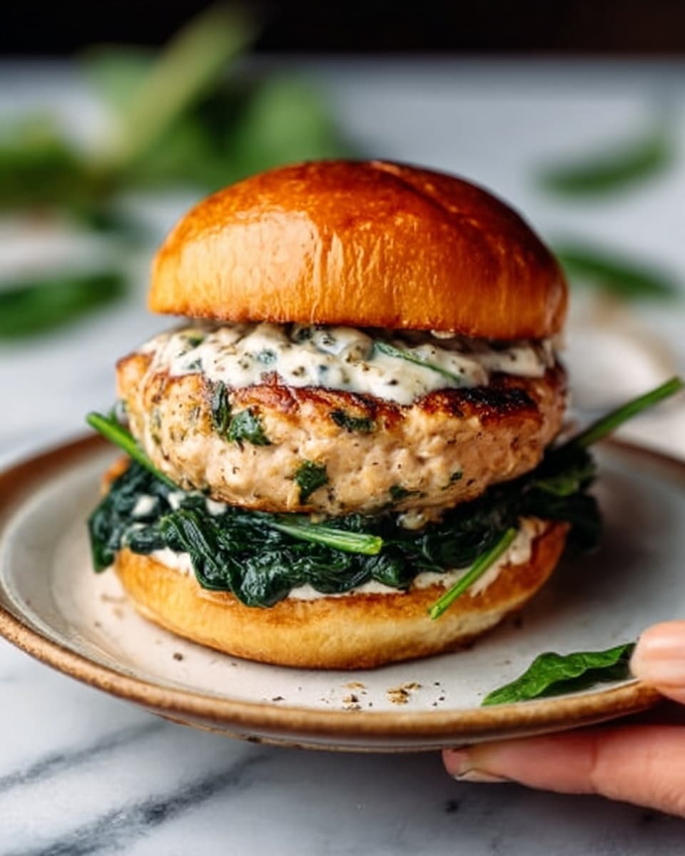 A close-up view of a double turkey burger on a white bun, placed on a black plate over a white marbled texture. The bottom layer is the slightly toasted bottom bun, topped by a thick turkey patty mixed with green spinach leaves, which is lightly grilled with brown spots. On top of that, there is melted white cheese with visible spinach pieces, followed by another grilled turkey patty with spinach. The top layer is a toasted white bun with grill marks and a golden brown color. In the background, a second burger and some blurred green leafy vegetables and red tomato pieces can be seen. Photo taken with an iphone --ar 4:5 --v 7