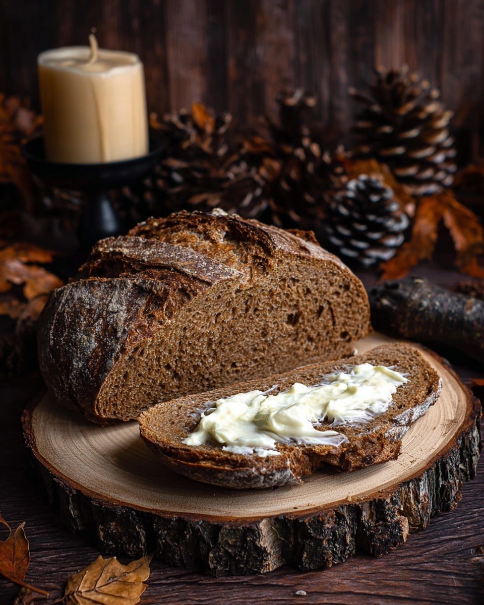 A large round loaf of bread with a rough, cracked surface dusted lightly with white flour sits on a circular wooden board with bark edges. The bread has three deep, uneven cuts on top showing a dense, golden-brown crumb inside with a coarse texture. Around the board, there are brown pine cones and dark orange autumn leaves on a dark wooden table with a white marbled texture in the background. Photo taken with an iphone --ar 4:5 --v 7