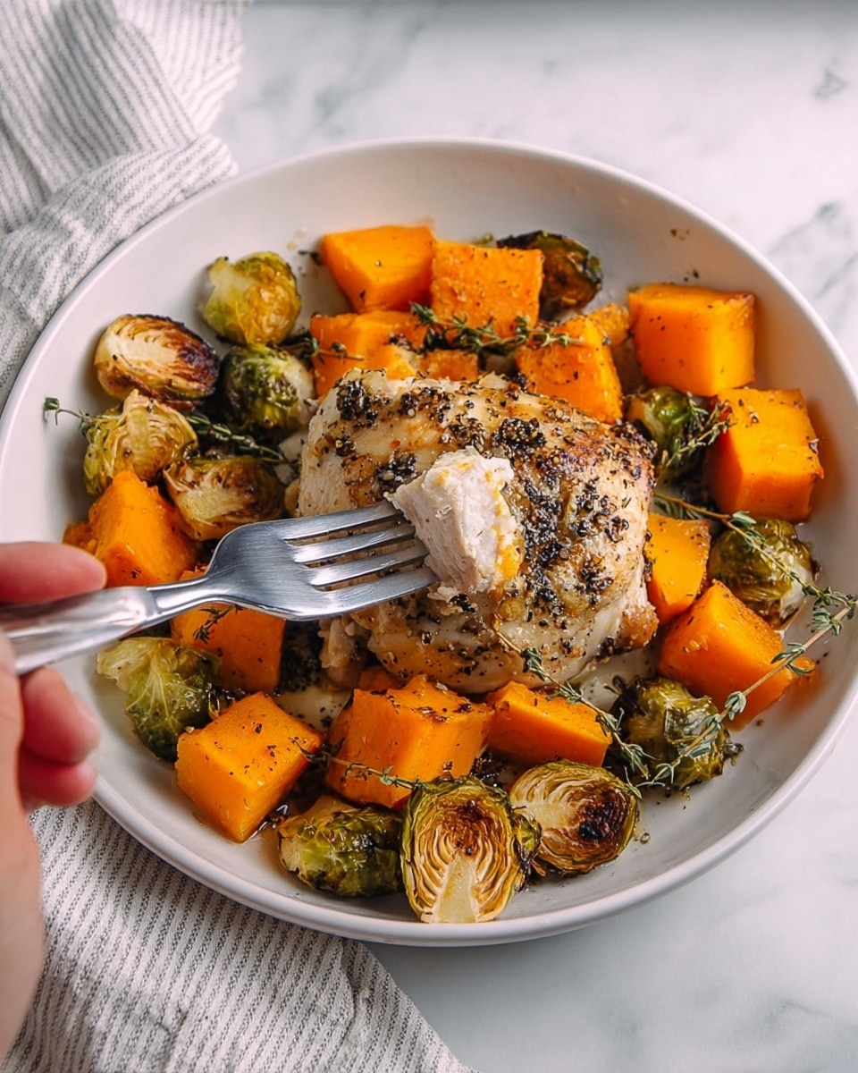 The image shows a black slow cooker filled with a dish made of layers. The bottom layer is made of square orange chunks of butternut squash. On top of the squash, there are four pieces of browned chicken thighs with some green herbs sprinkled over them. The texture of the chicken looks tender and slightly crispy on the edges. The slow cooker sits on a white marbled surface. Photo taken with an iphone --ar 4:5 --v 7