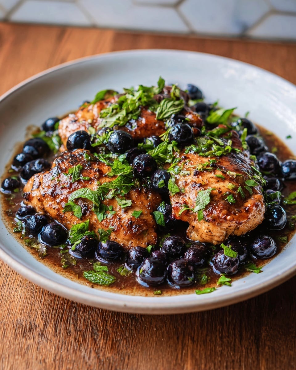 The image shows a white shallow bowl filled with three pieces of cooked chicken that are golden brown with a slightly crisp texture. Around and on top of the chicken are dark blue-purple blueberries that look juicy and fresh. The dish is covered in a glossy, thick brown sauce that adds shine and moisture. Bright green chopped herbs, likely mint or parsley, are sprinkled all over the chicken and blueberries, adding a fresh contrast in color. The bowl is set on a wooden surface with a white marbled texture background. photo taken with an iphone --ar 4:5 --v 7