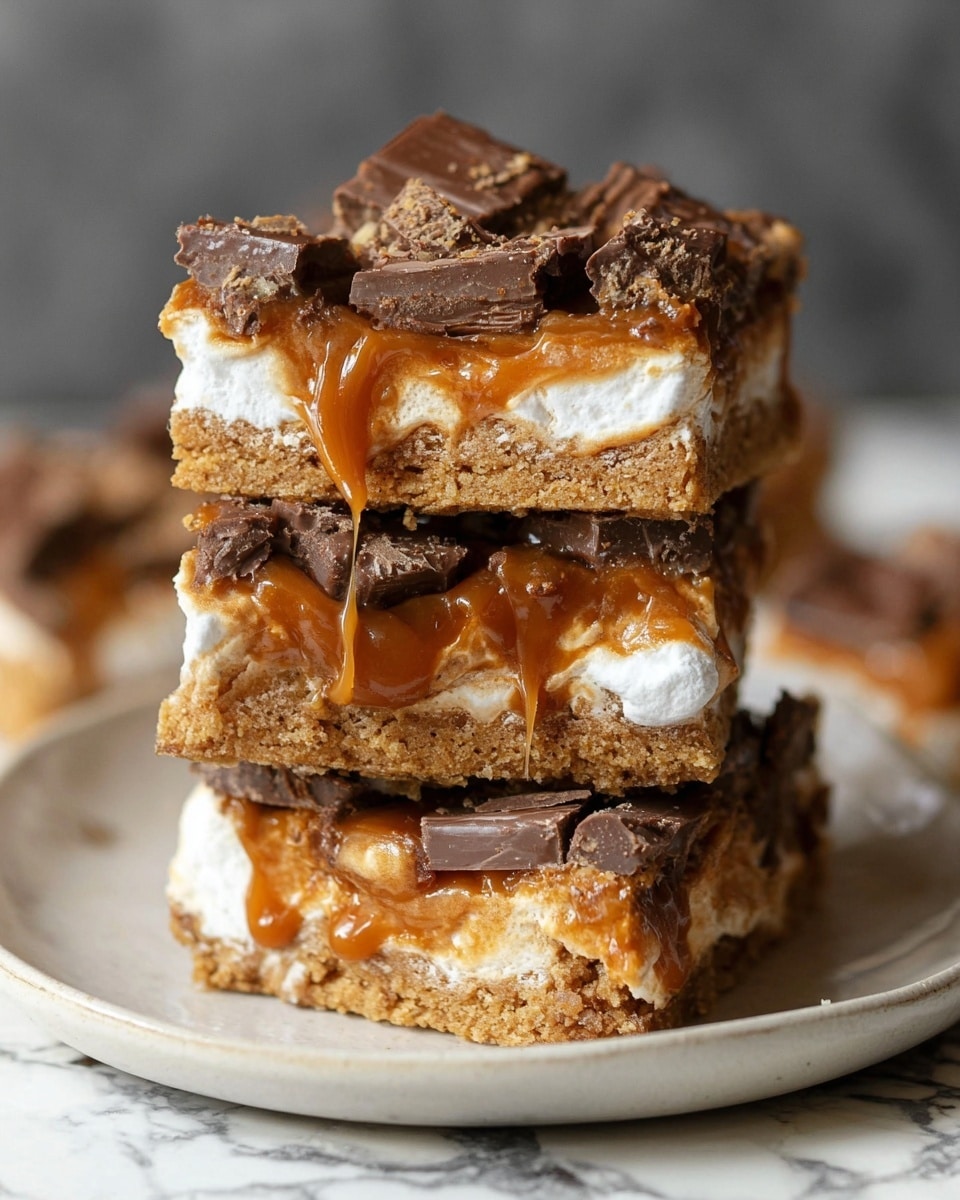A close-up of three stacked s'mores bars held by a woman's hand, each bar having three distinct layers: the bottom layer is a light brown, crumbly graham cracker base, the middle layer is gooey caramel mixed with fluffy white marshmallow pieces, and the top layer is a crunchy, golden-brown crumble with small bits of chocolate mixed in. The caramel is melting and dripping down the sides, with thin caramel strands hanging from the bottom bar. The background is softly blurred with a white marbled texture. photo taken with an iphone --ar 4:5 --v 7